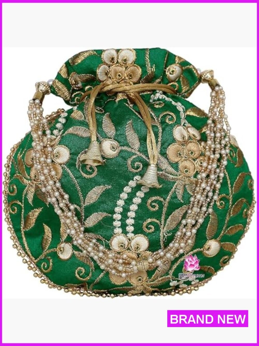 Ethnic Potli Bag with Pearl Handle Floral Embroidered Drawstring Clutch Purse